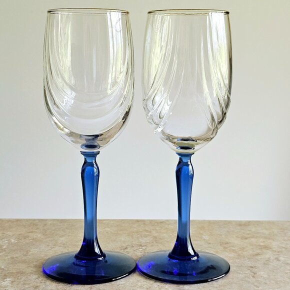 Libbey Crystal Blue Water Wine Glasses 8" Cobalt swag optic vintage gold trim - Picture 10 of 10